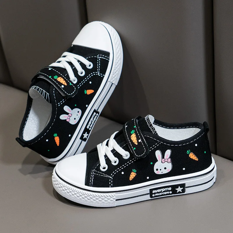 Autumn Girls Cartoon Print Breathable Canvas Casual Shoes Kids Soft-soled Vulcanized Shoes Children Non-slip Casual Cloth Shoes
