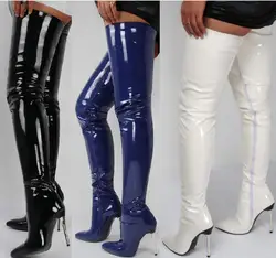 Botas por encima de la rodilla de charol para mujer, botas puntiagudas de tacón alto, Stiletto Sexy, moda, grande, Nuevo