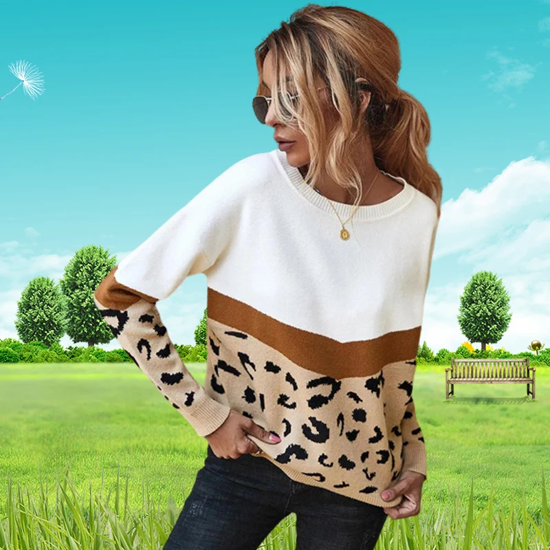 Suéter de punto con retales de leopardo para mujer, jersey de manga larga con cuello redondo, informal, suelto, cómodo, Tops, Otoño e Invierno