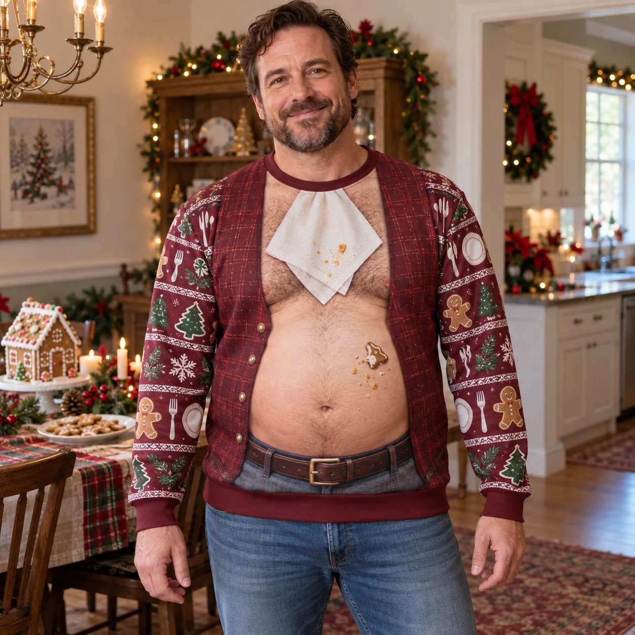 Weihnachts-Dinner-Bauch-Design, hässlicher Weihnachtspullover für Herren, 3D-Druck, Polyester, Rundhals-Sweatshirt, lustiger Pullover für Feiertagspartys. – Detail 4