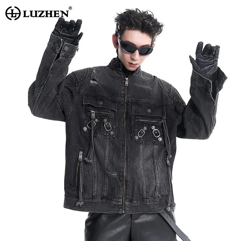 

LUZHEN American Washed Denim Jacket Metal Decorate Retro Trendy Punk Men's Casual Streetwear Coat Autumn Winter Male 2024 LZ5279