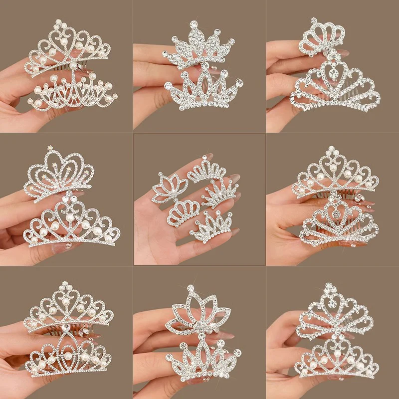 Children Princess Rhinestone Pearl Silver Color Crown Hair Accessories Tiara Girls Kid Bridal Prom Party Headdress Hair Jewelry