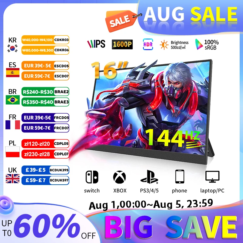 

16 inch 100% sRGB 2.5K 144Hz 500Cd/m² Gaming Monitor Portable Type-C HDMI-Compatible for Switch Laptop xbox Extended Display