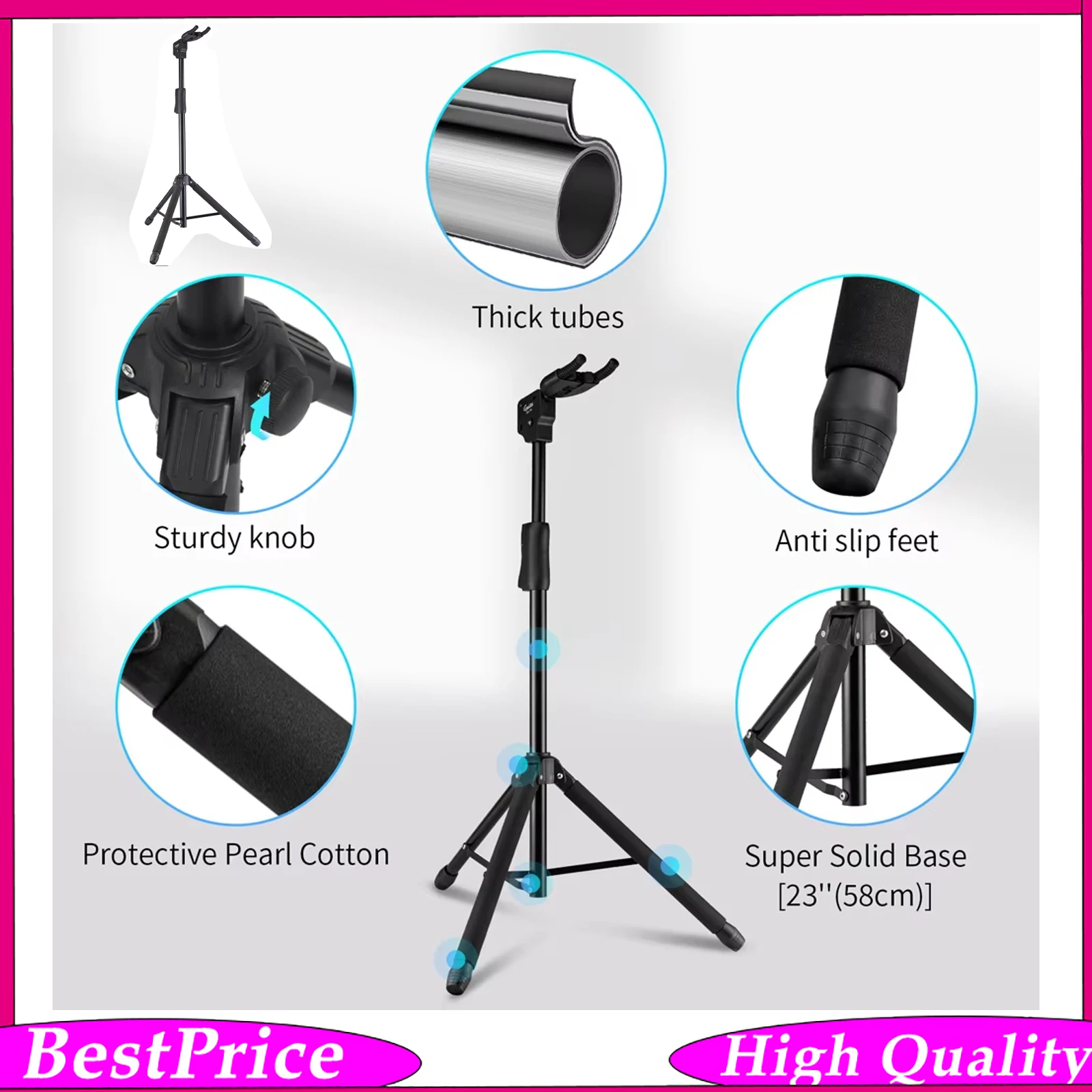GGS-06 Multi-Function Tripod Guitar Stand Portable Foldable Floor Stand Acoustic/Electric Guitar, Bass Adjustable Height Stand