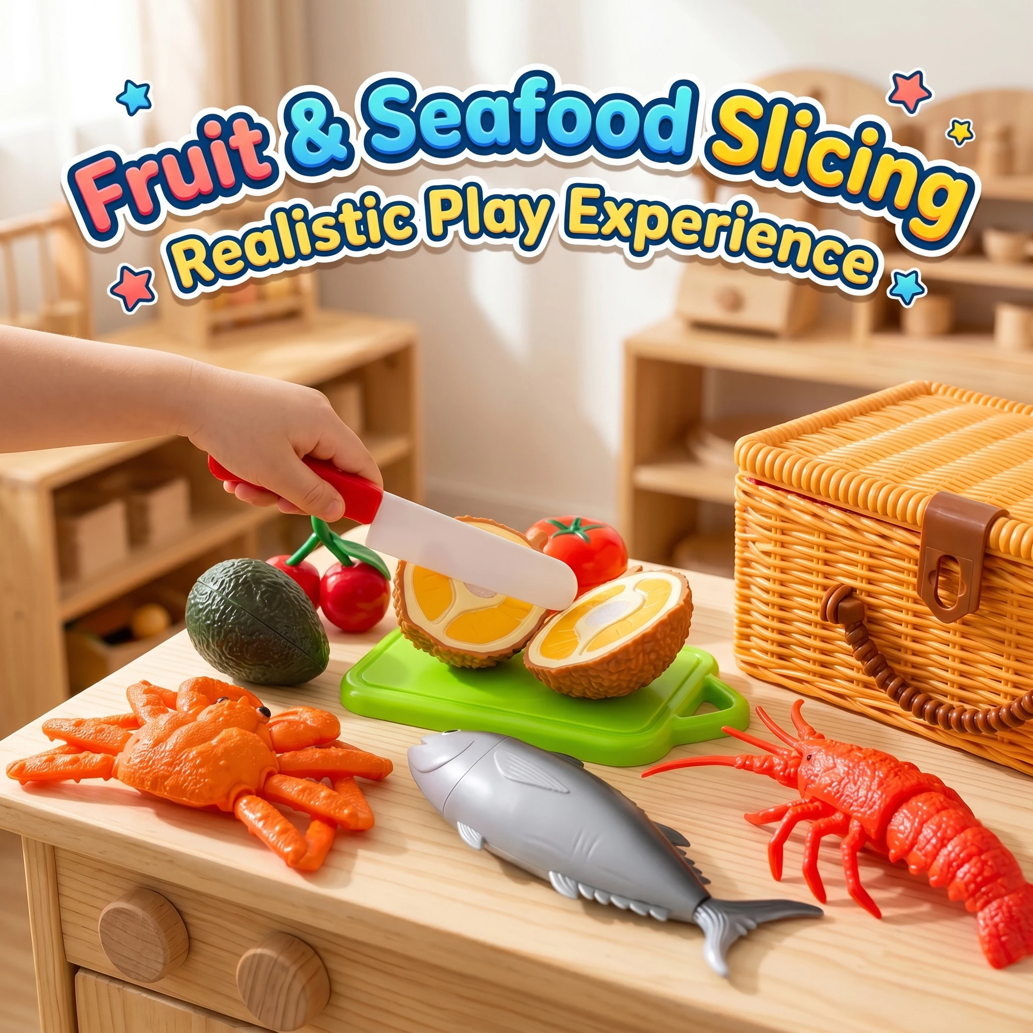 

Детский кухонный набор игрушек: имитация нарезки фруктов и морепродуктов с улучшенной корзиной и портативным контейнером для хранения, развивающая игрушка для детей
