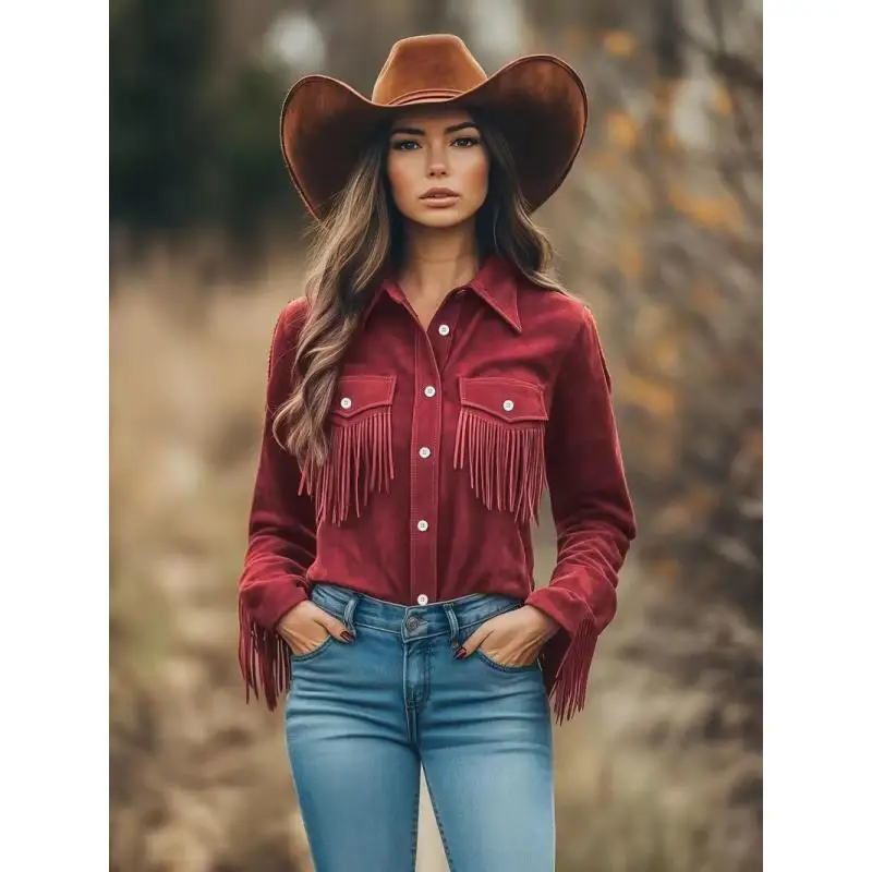 Women Western Cowgirl Fringe Shirt Lapel Long Sleeve Button Down Solid Casual Blouse With