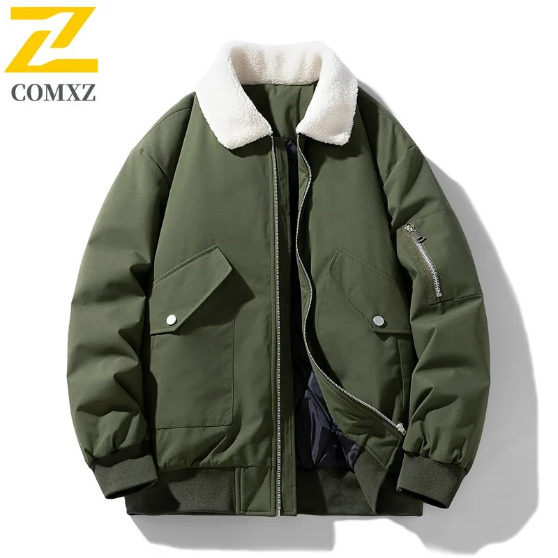 

COMXZ 2025 Men's Fleece Lined Thick Warm Oversize Workwear Jacket Winter Sherpa Cotton Casual Trendy Lightweight Coat