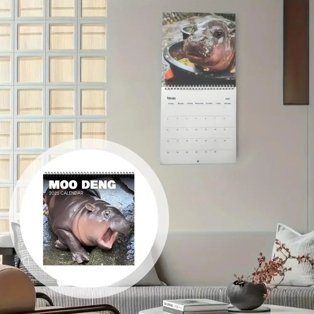 Kalendarz Moo Deng na 2025 |   Ozdoba z kreskówki hipopotama, urocza dekoracja kalendarza na biurko | 50-stroniczna miedziana płytka S7m8