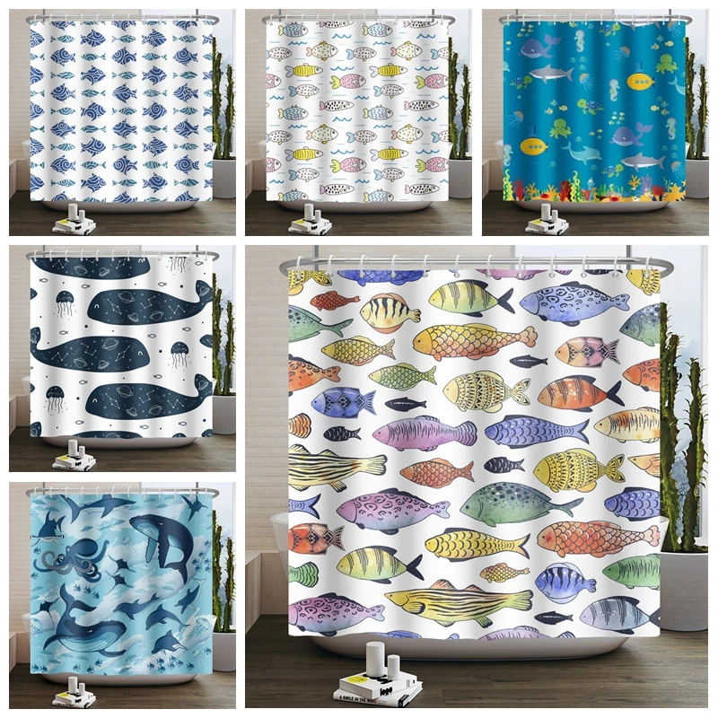 

Colorful Fish Shower Curtains Cartoon Ocean Animal Children's Bathroom Home Decor Waterproof Bath Screens 180x180 with Hooks