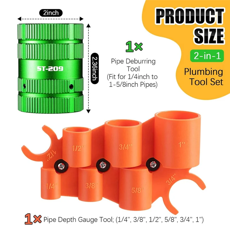 Alesatore per tubi metallici A03F-1/4" a 1-5/8" per tubi in rame/PVC e calibro di profondità da 1/4" a 1", kit di utensili idraulici per utensili per sbavatura