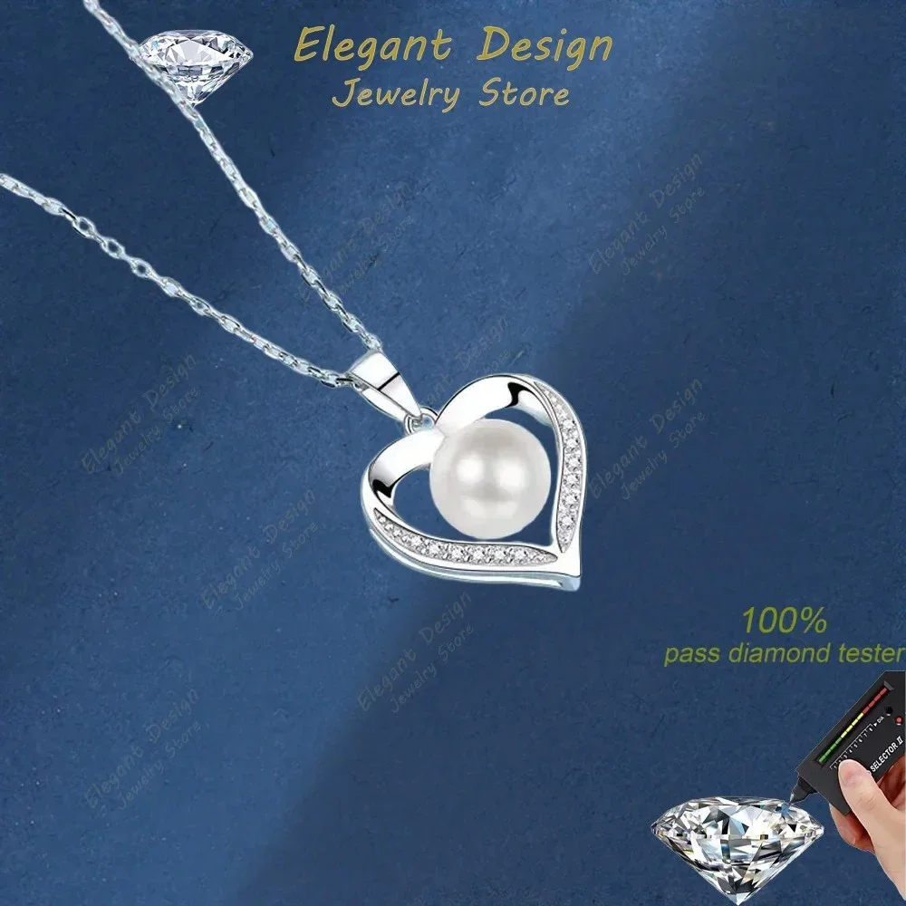 

Elegant Store Freshwater Pearl 0.96CT Heart Moissanite Necklace for Women, PT950 Platinum Pendant Girl Cute Gift