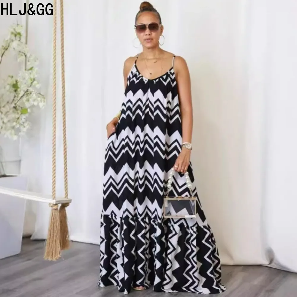 

HLJ&GG Black Sexy Stripe Printing Loose Suspenders Long Dresses 2024 Women V Neck Thin Strap Sleeveless Vestidos Fashion Clothes