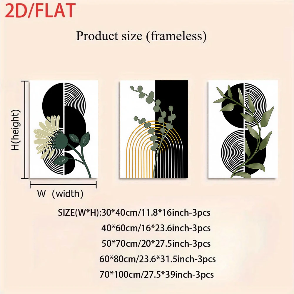 1 set of modern minimalist triptych frameless decorative paintings, abstract geometry, plants, flowers, 2D plan