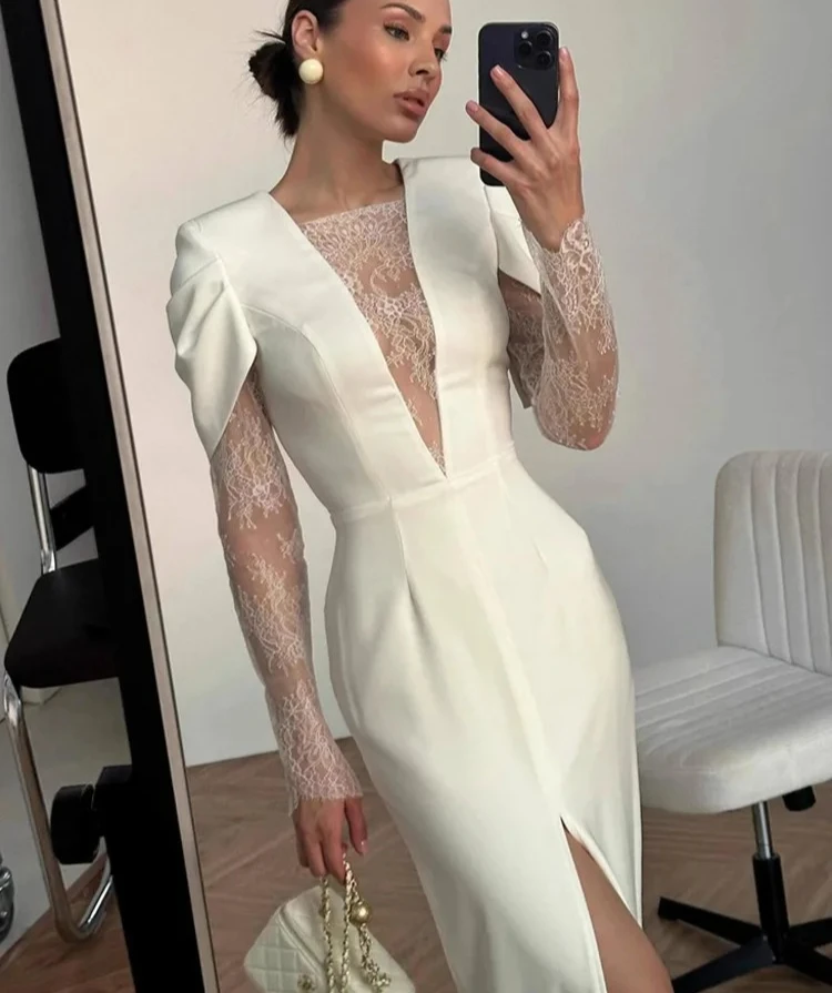 여성 우아한 O넥 긴팔 시스루 바디콘 드레스 이브닝 파티 베스티도 하이 슬릿 레이스 패치워크 맥시 드레스