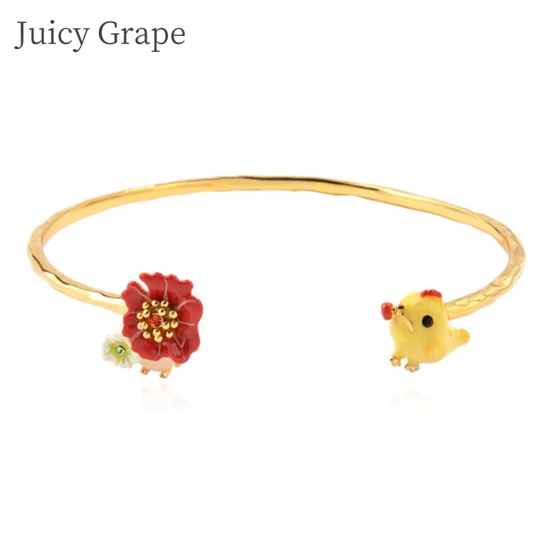 

Juicy Little Yellow Chicken Bangle Handmade Enamel Chicken Bangle Opening Adjustable Red Flower Bangle 18K Gold Plated Birthday