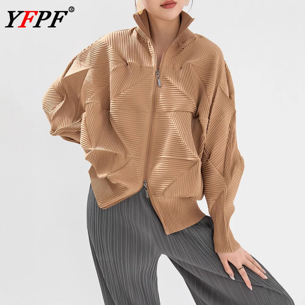 

YFPF Fashion Miyake Pleated Design Coat Women Solid Color Stand Collar Zipper Long Sleeve Jacket Versatile 2025 New Clothing