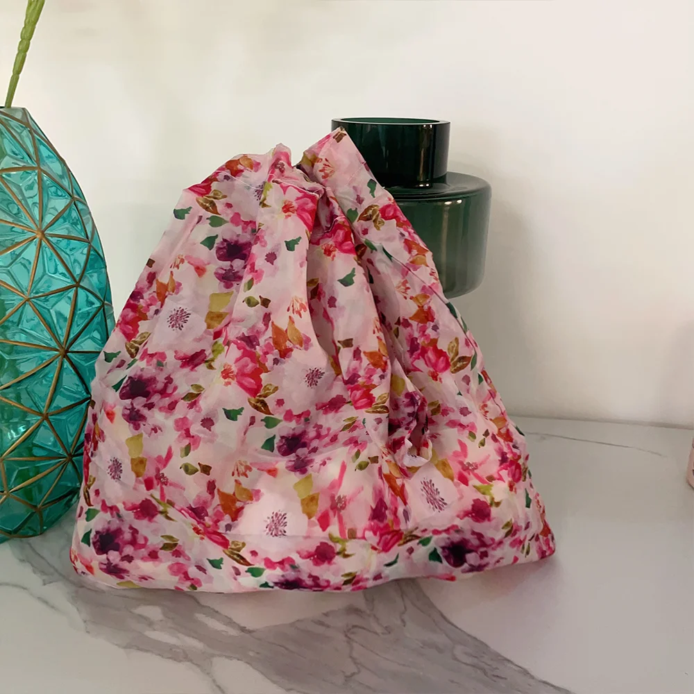 Rural floral shopping bag, polyester large capacity supermarket portable bag, foldable shoulder bag, beach bag