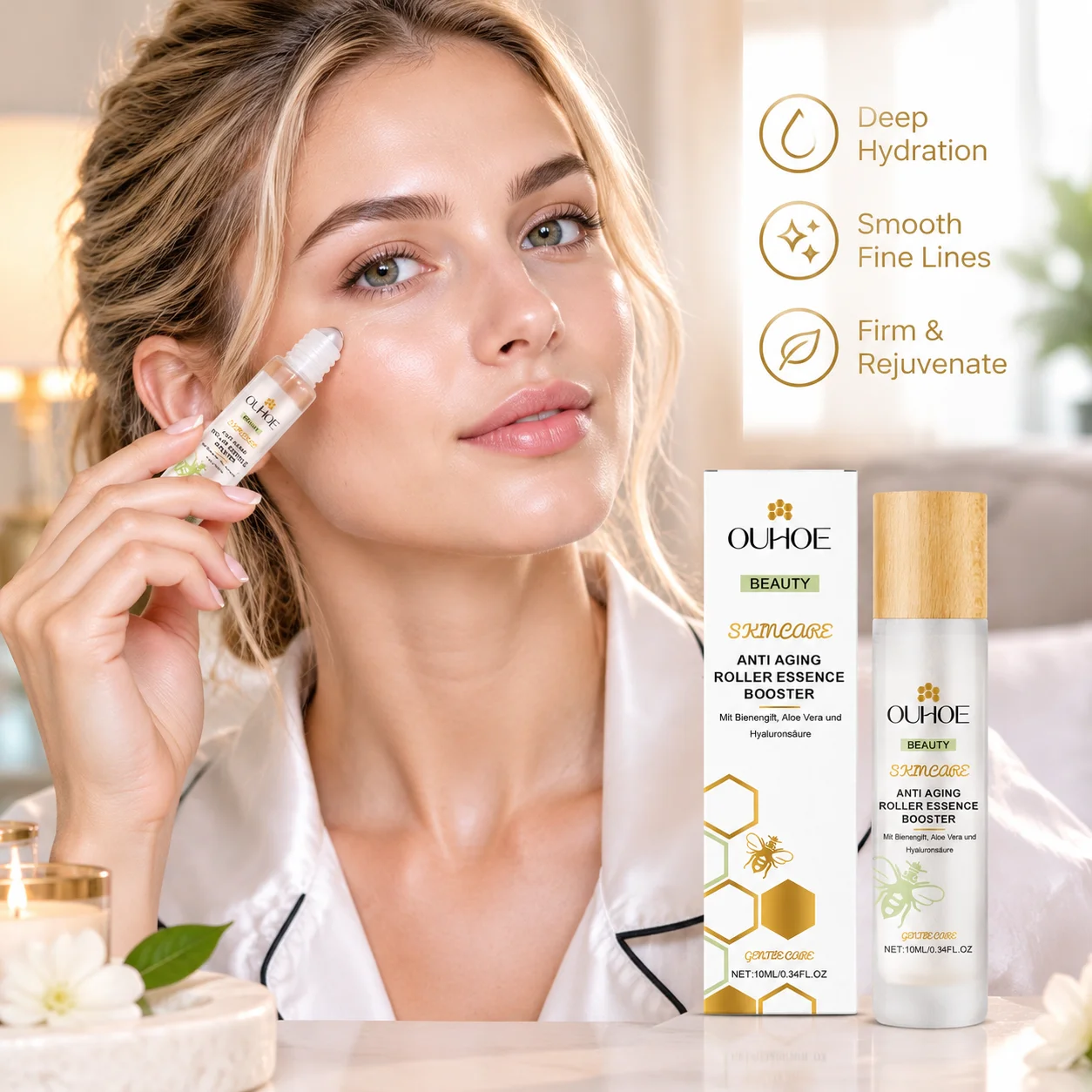 OUHOE Roll on Night Repair Essence Anti Aging Serum Skin Firming Fine Lines Moisturizing Nourishing Massage Skincare Serum 10ml