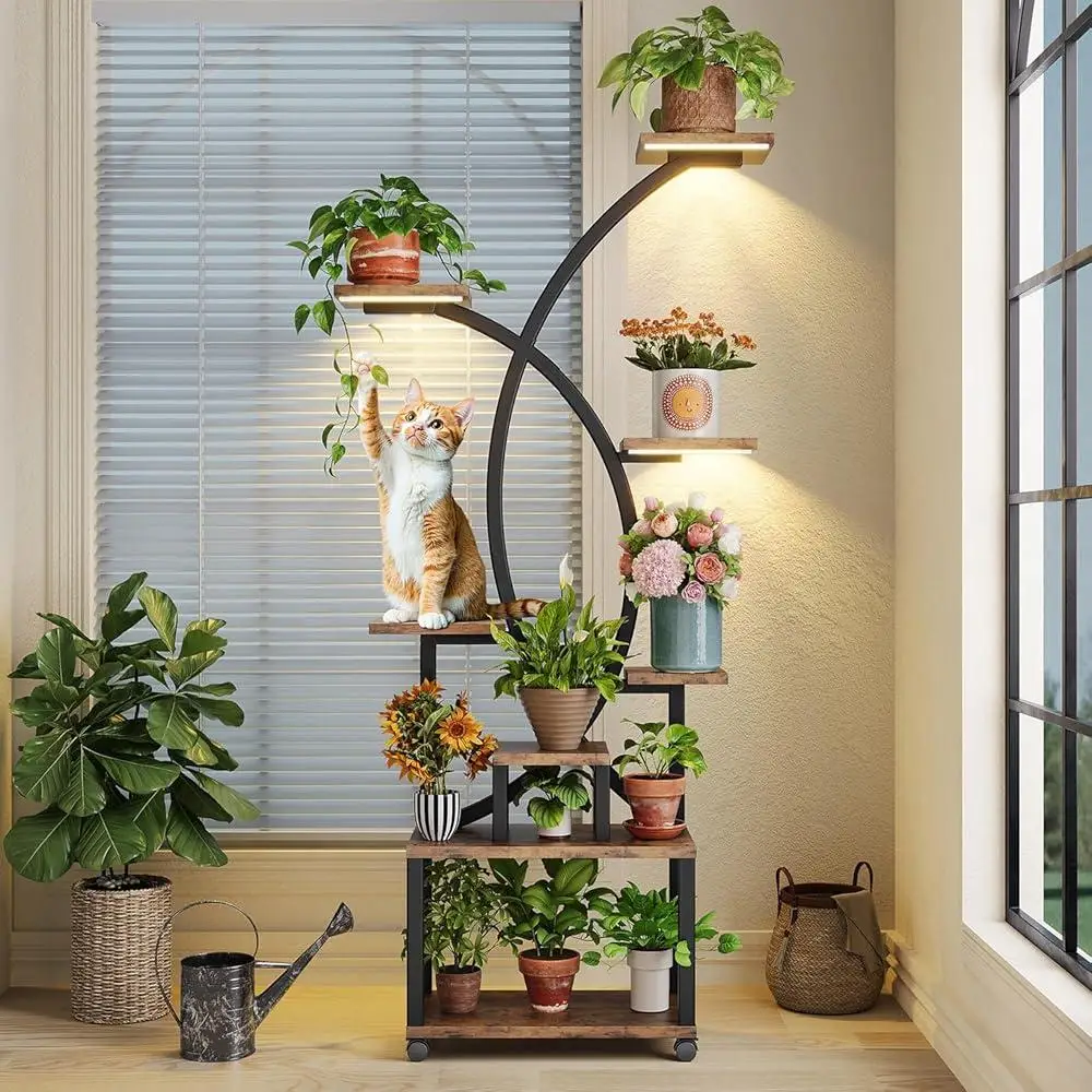 屋内植物スタンド グローライト付き 多層植物棚 61インチ 金属製植物ラック ストレージオーガナイザー ホーム&ガーデン