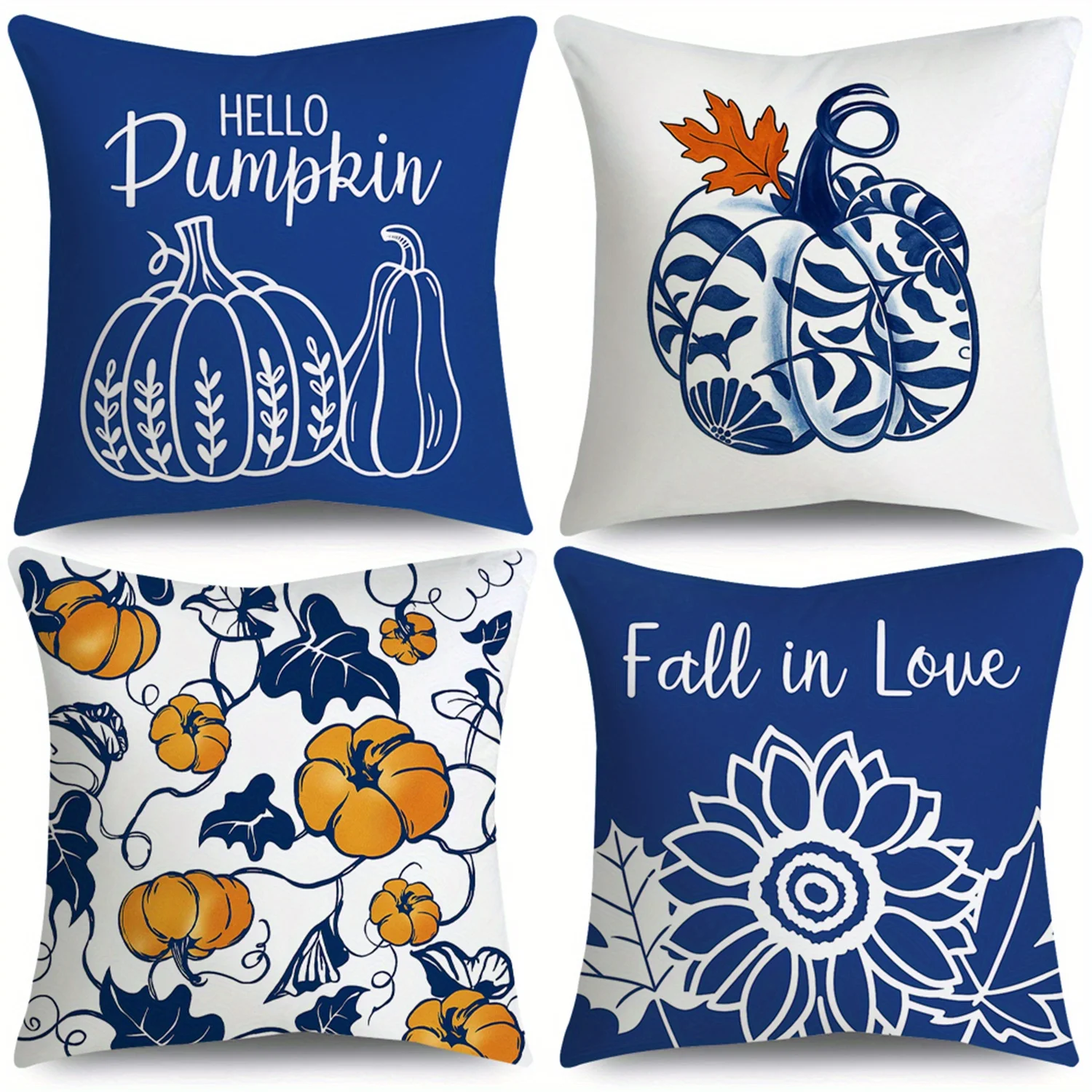 4pcs Rustic Blue White Pumpkin & Sunflower Throw Pillow Covers 