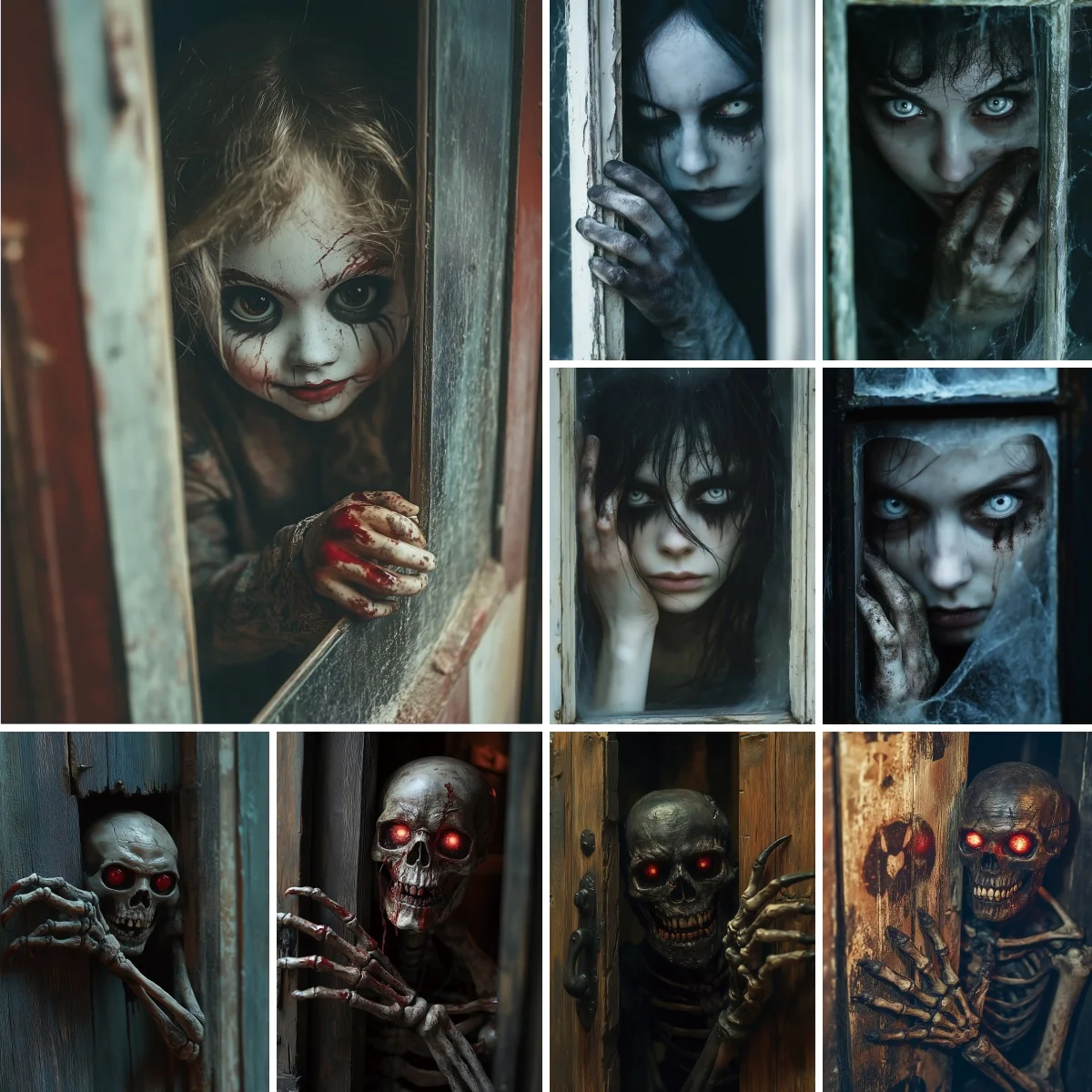 Horror Foto Hintergrund Skelett Geist Puppe Vinyl Polyester Fenster Tür Familie Halloween Dekoration Dunkle Fotografie Hintergrund