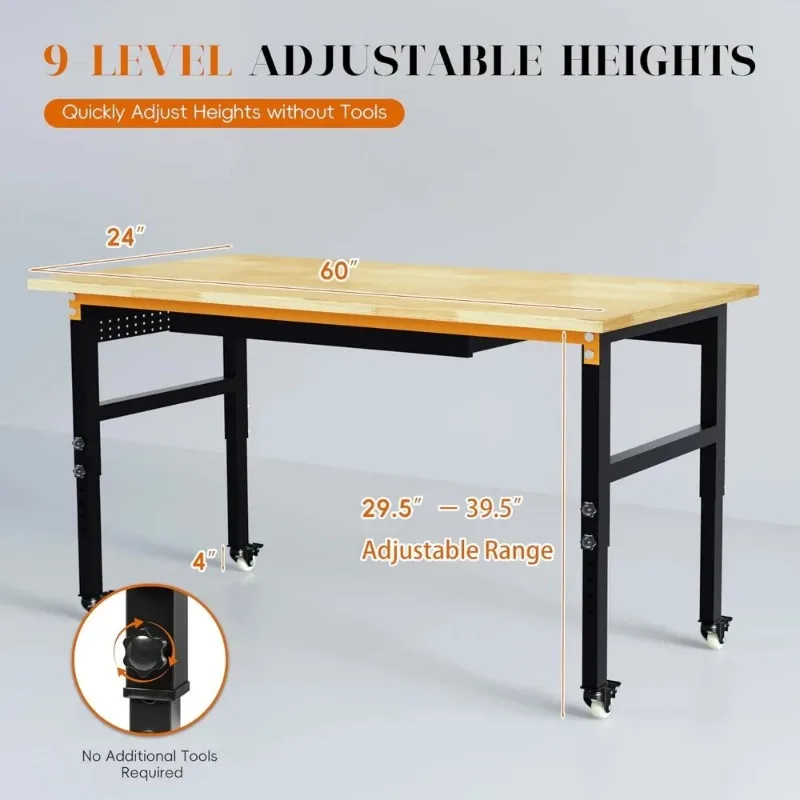 2000 LBS Heavy Duty Work Table with Power Outlets & Pegboard, Rubber Wood Workstation，60" Adjustable Workbench on Wheels