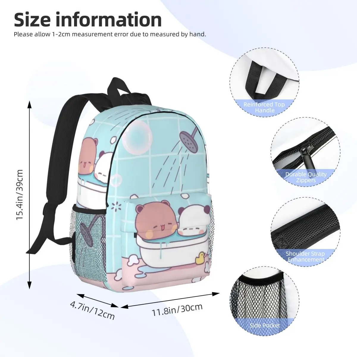 Niedlicher Bär Panda Boo Boo & One Two Neuer modischer Muster-Schulranzen-Druck, leichter Rucksack, 38,1 cm