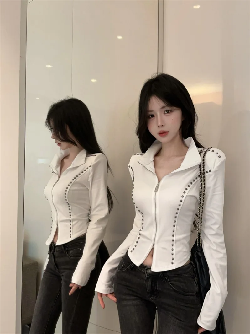 Korean Style Long Sleeve T-Shirt Women's Heavy Duty Rivet Slim Fit Collar Design Double Zipper Body Shaping Top City Walk