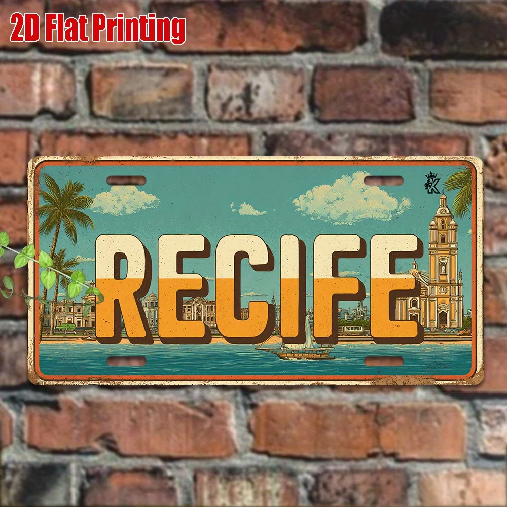 Letrero Metálico Vintage Plano 2D, Impresión Plana 2D, 1 Pieza, Arte de Pared para Exteriores (29.97cm * 14.99cm), Letrero RECIFE, Decoración del Hogar, Cit
