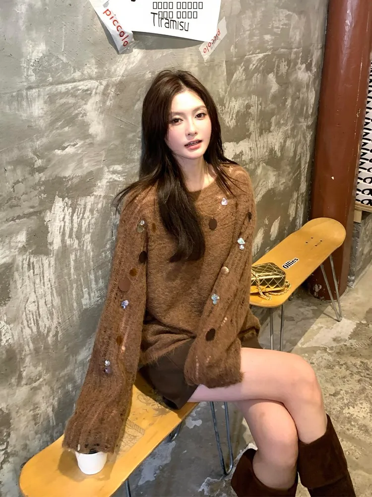 

Korean Design Sensation Sequin Hollow out Hole Knitted Sweater Women's Autumn New Loose Top Morning Bell Evening Song