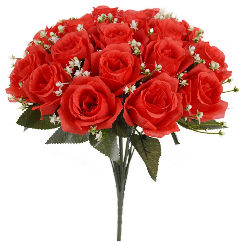 18-köpfe simulierte Rosensträuße, rote Rose, künstliche Blumen für Hochzeitsdekorationen, Bräute mit Blumen, Heimdekorationen – Detail 2