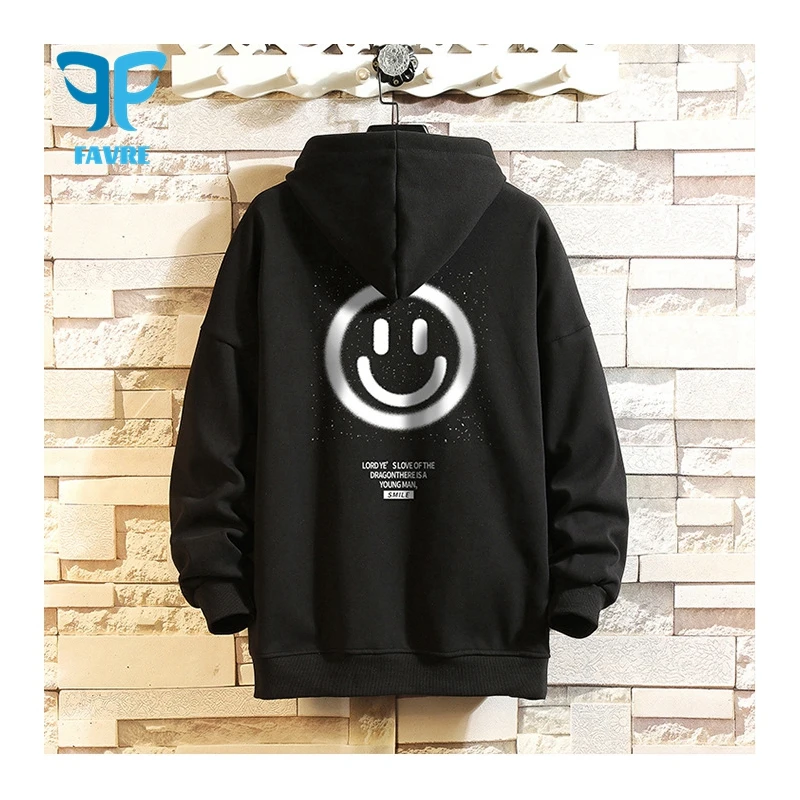 

FAVRE Men Smile Print Sweatshirts Hong Kong Style Loose Hoodies Y2K Autumn Korean Harajuku Casual High Street Letter Pullovers