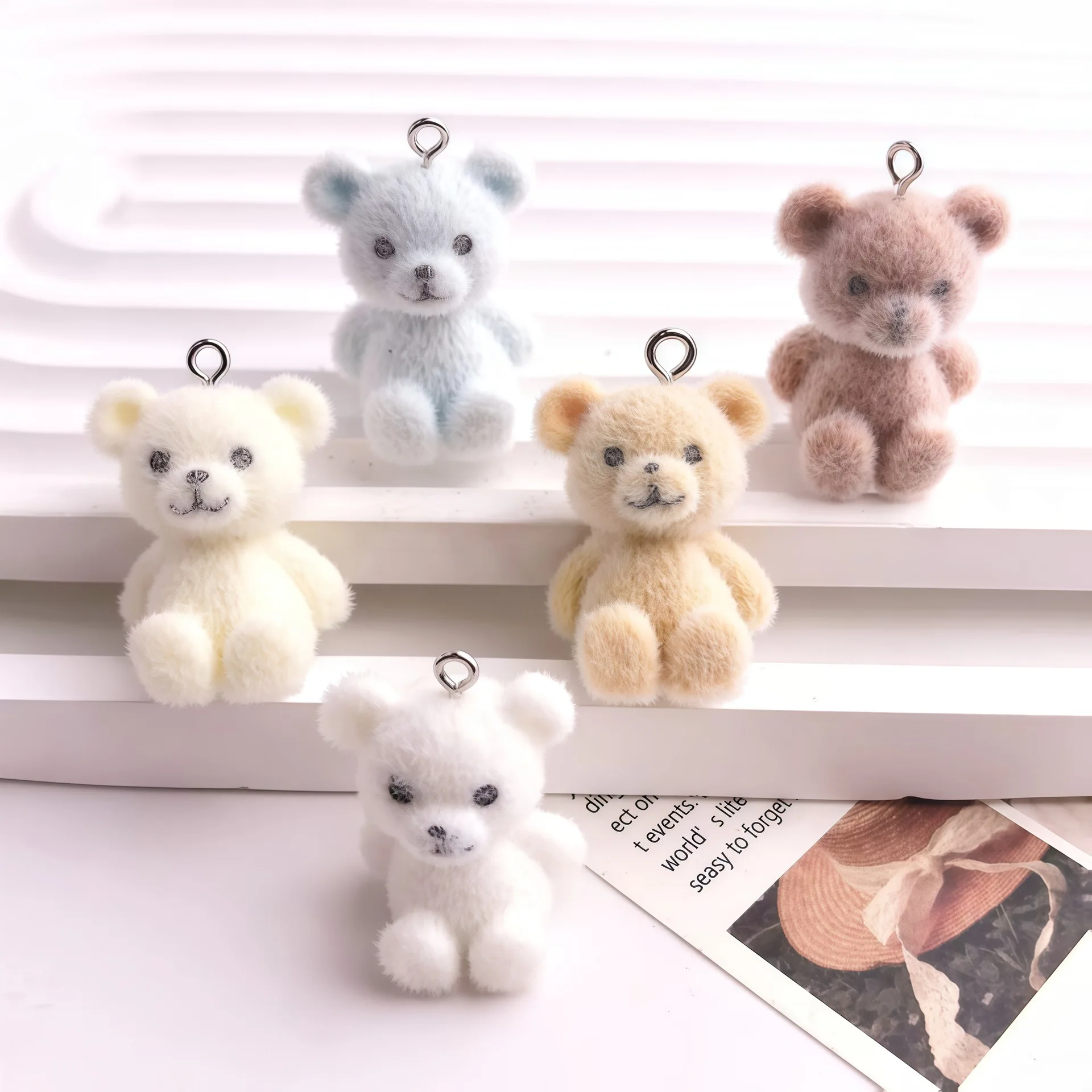 5pcs 3D Flocked Bear Resin Charms Cute Aniaml Doll Bear Pendant for Earring Keychains Diy Jewelry Make Accessories