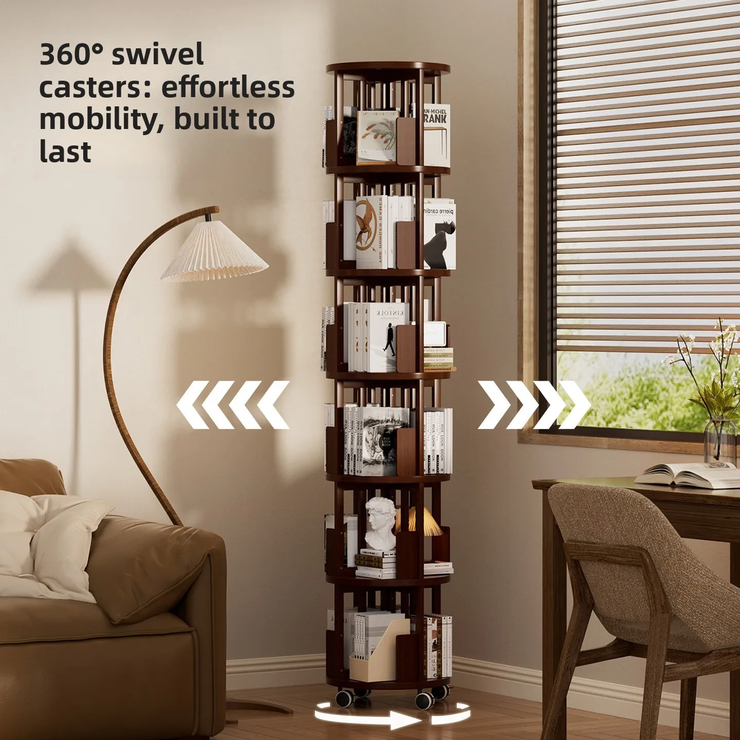 Retro style bamboo rotating bookshelf, multi-layer floor to ceiling mobile bookshelf, pulley base, narrow corner cabinet