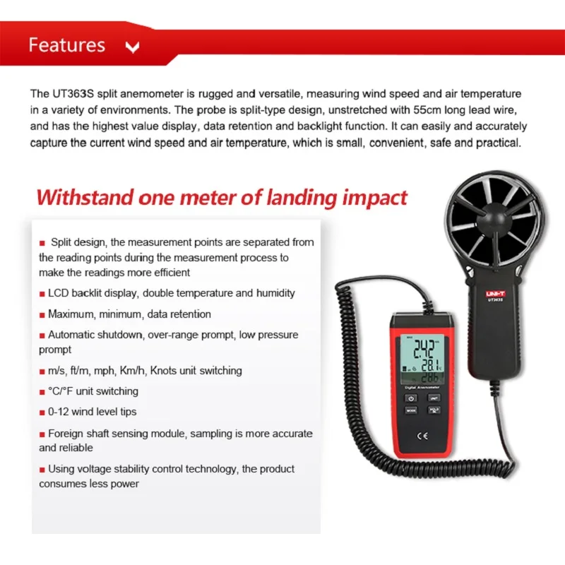 UNI-T-Digital Vento Sensor de Velocidade, Temperatura Tester, Instrumentos de Medição, UT363S, 0.4 ~ 30 m/s