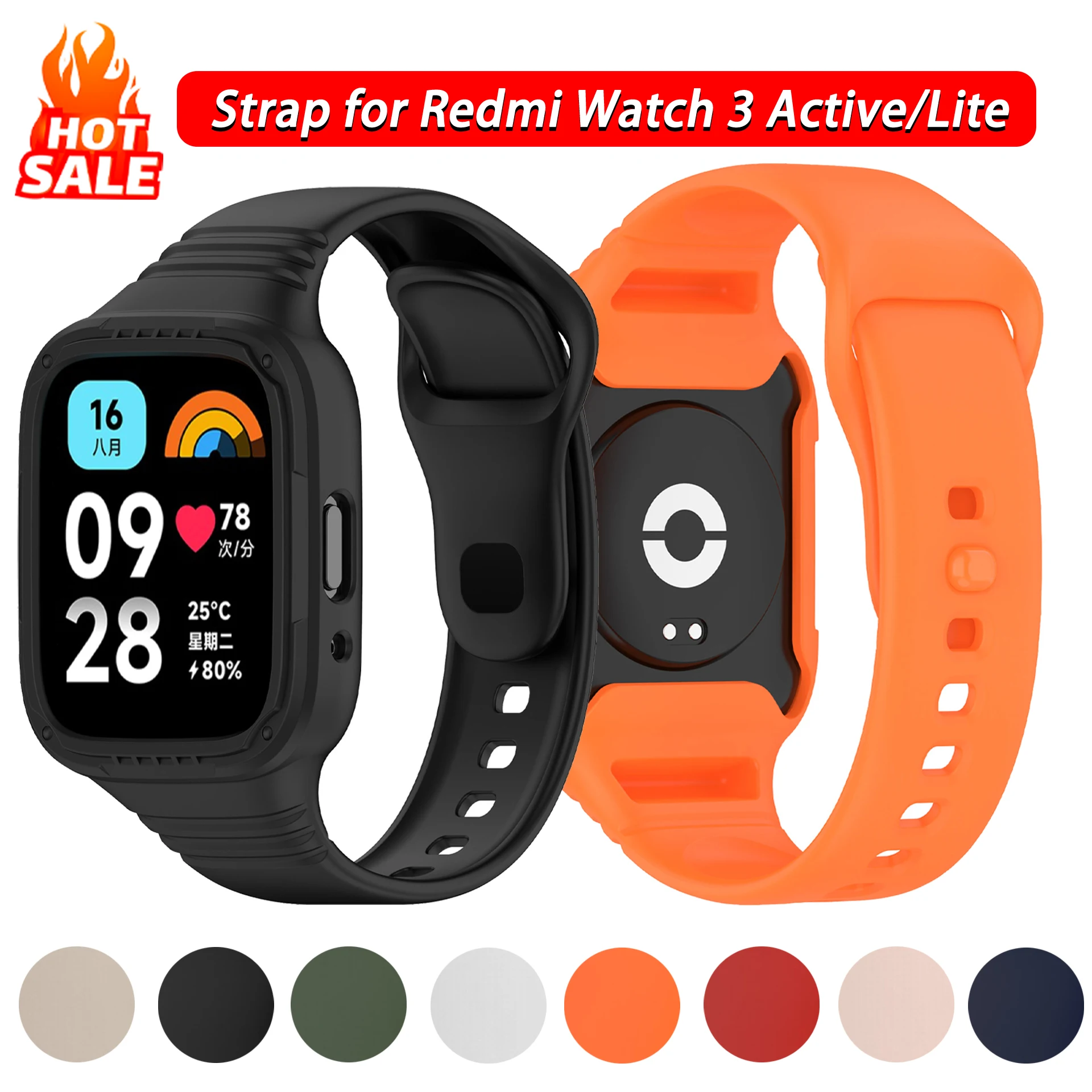 

Silicone Strap with Case for Redmi Watch 3 Active/Redmi Watch 3 Lite Strap Replacement Correa Bracelet Protective Shell Cover