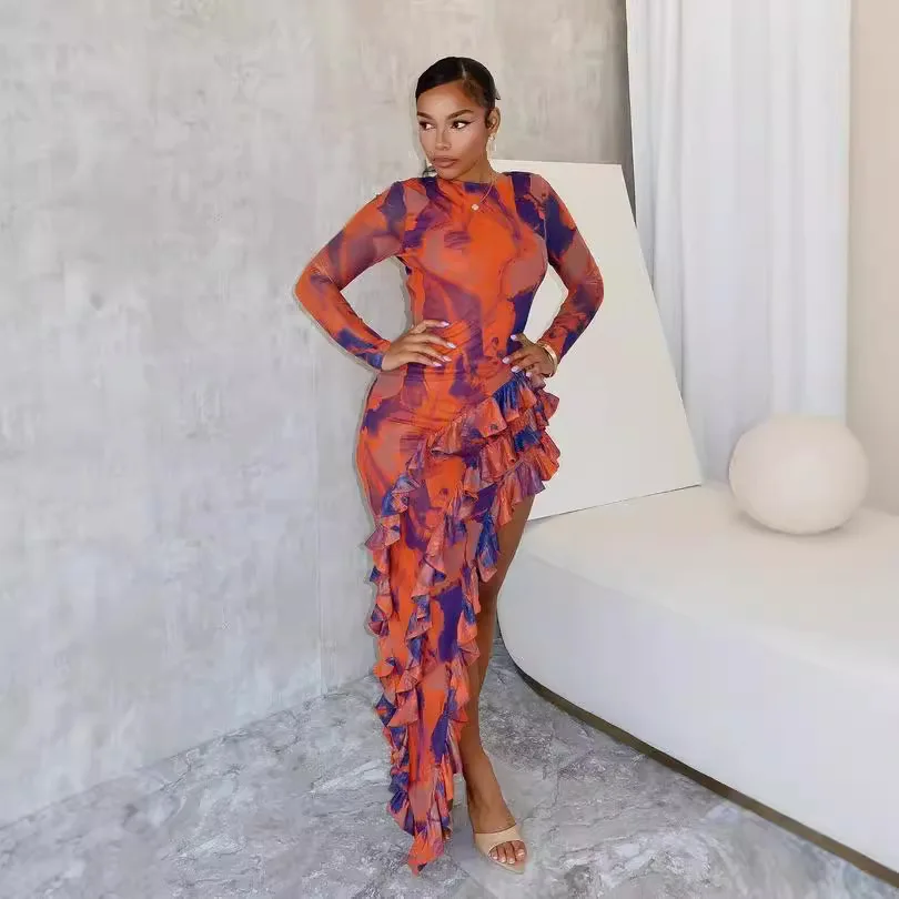 

Women's Fashion Printed Dress, Sexy Round Neck Backless Irregular Slit Skirt