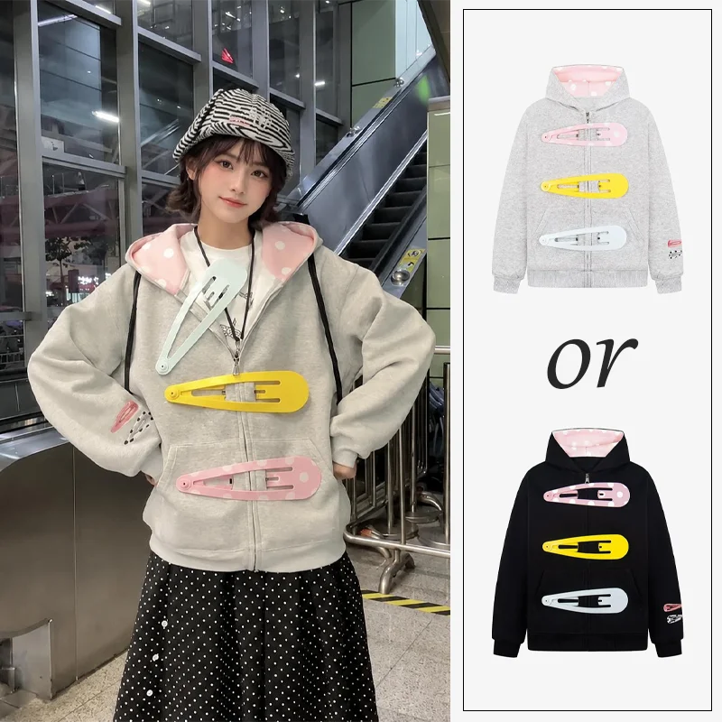 Women Y2K Zip Up Hoodie Cute Graphic Sweatshirt Color Hair Clip Print Streetwear Casual Loose Hooded Jacket