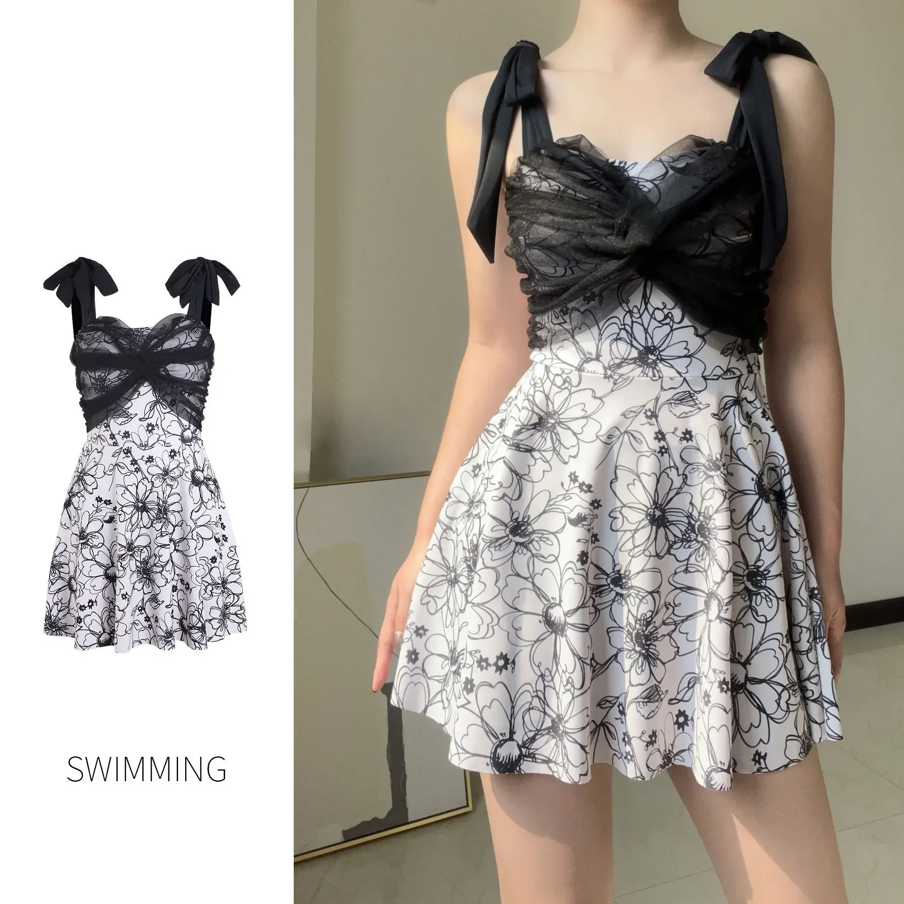

sexy Korean fashion swimsuit one piece black mesh floral print mini dress bow tie sleeveless bikini padded swimwear