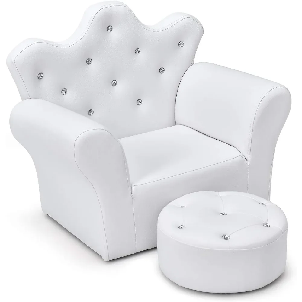 Baby upholstered sofa with ottoman, princess diamond ornament, smooth PVC leather toddler chair, children's sofa (white)