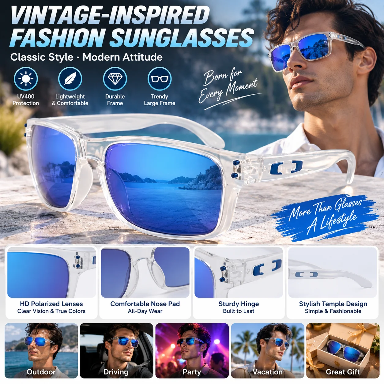 Men's Vintage-Inspired Fashion Glasses with Large Curved Frames - Perfect for Parties