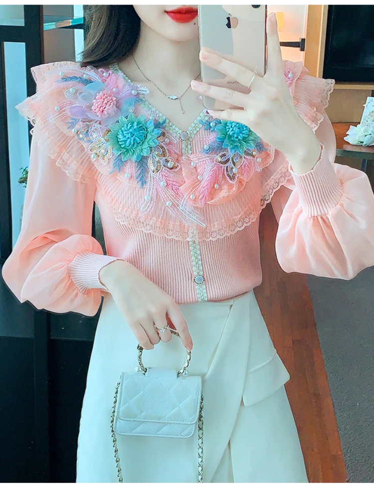 Floral Lace Stitching Knitted Chiffon Patchwork Shirt Women\'s Autumn Top 2024 New Beautiful V Neck Lonfg Sleeve Blouse Blusa