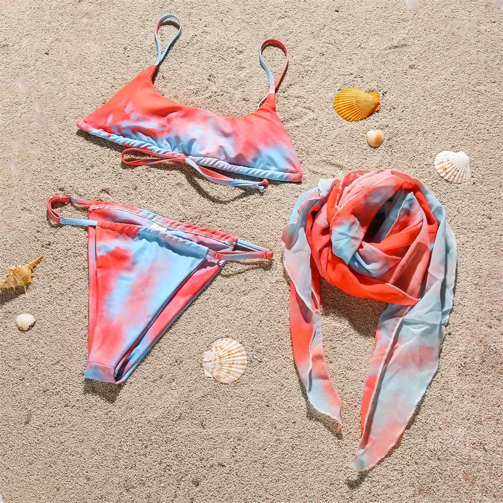 Mulheres Tie Dye Sling Bikini, maiô com cordão, encosto malha cobrir, roupa de praia, roupa de banho, roupa de banho, Y2K, 3 pcs