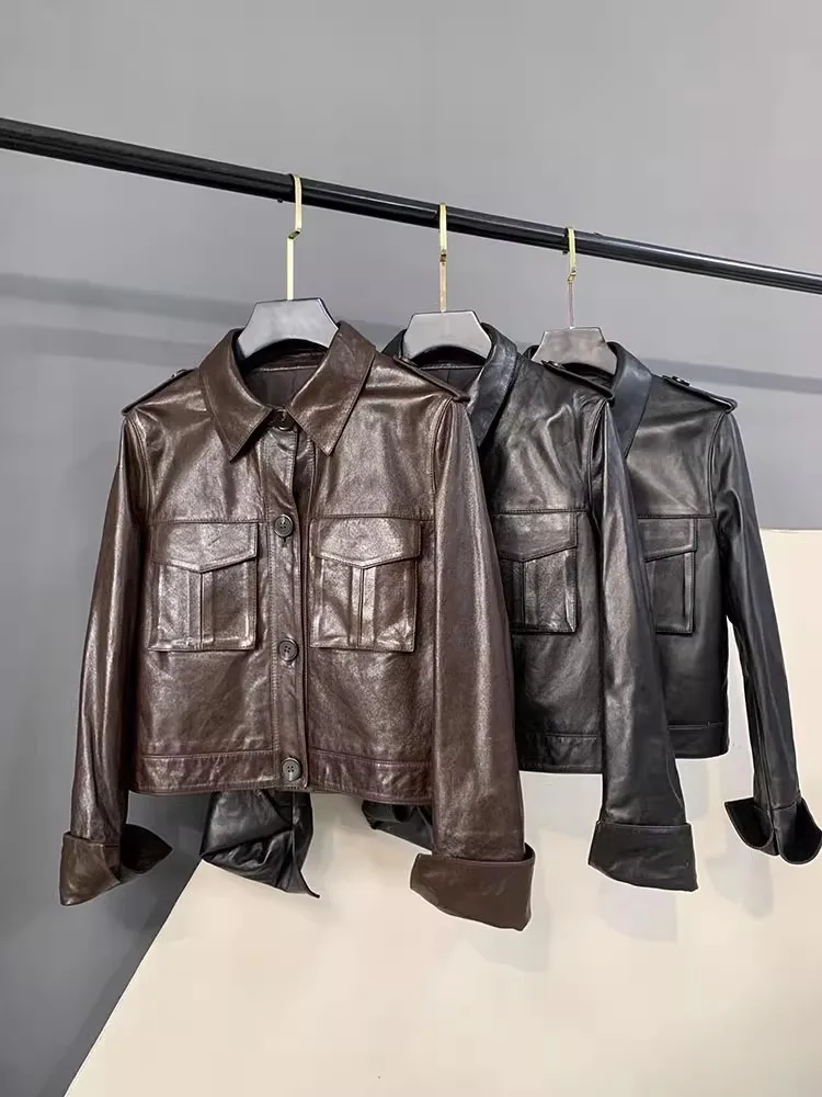 Veste d'automne rétro en cuir véritable pour femme, simple boutonnage, cire d'huile, peau de mouton, Punk, manteau court, Streetwear, veste de moto décontractée