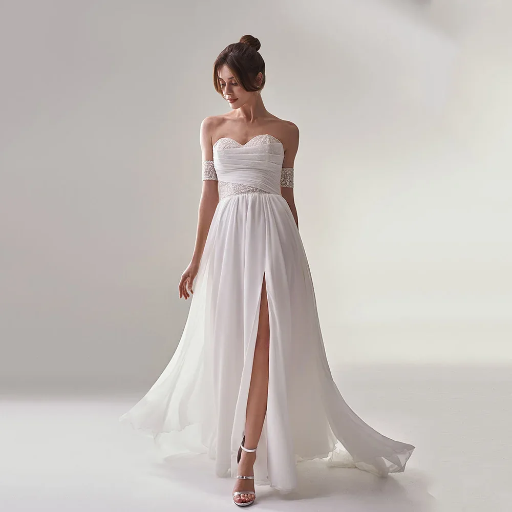 

White A-Line Wedding Dresses Sweetheart Appliques High Side Slit Floor-Length Bride Gowns Simple Backless Pleat Robe de soirée