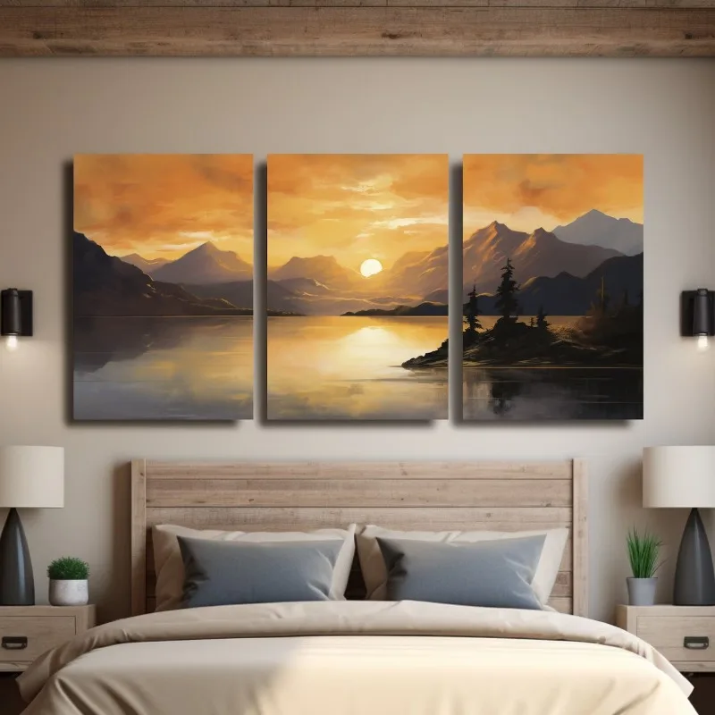 3PCS Frameless,Sunset Mountain Canvas Wall Art Set of 3: Lake Triptych Wall Decor Home Decor Frameless Canvas Art Wall Decoratio