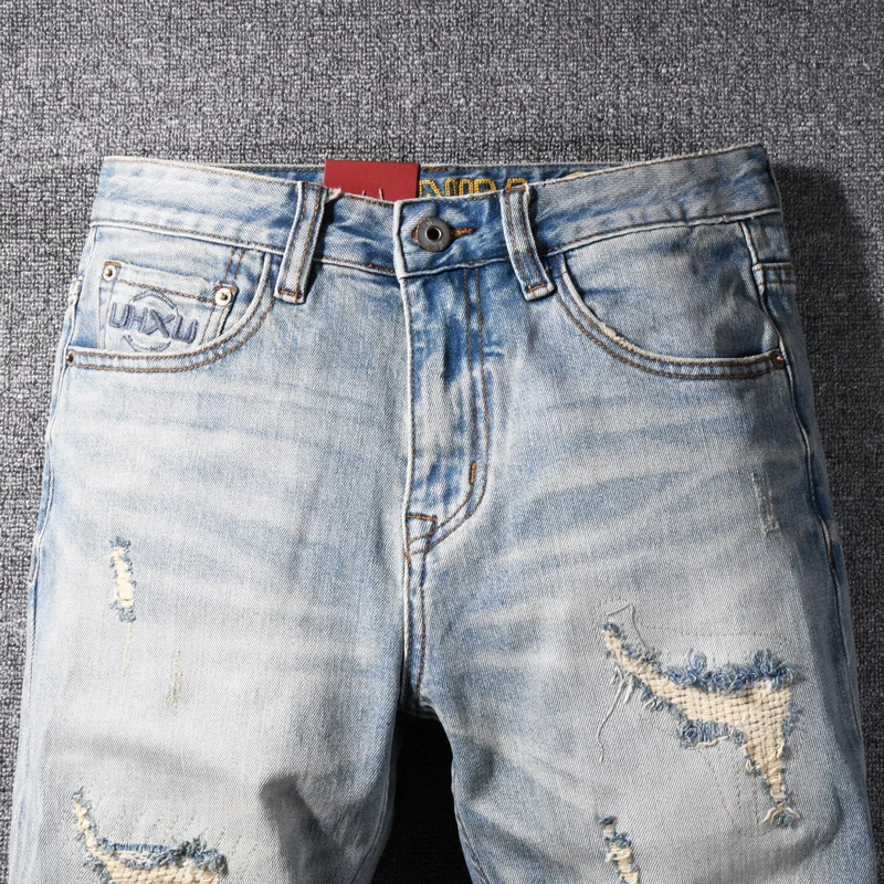 Street Designer Fashion Men Jeans High Quality Retro Light Blue Patched Ripped Jeans Men Stretch Slim Vintage Y2K Denim Pants