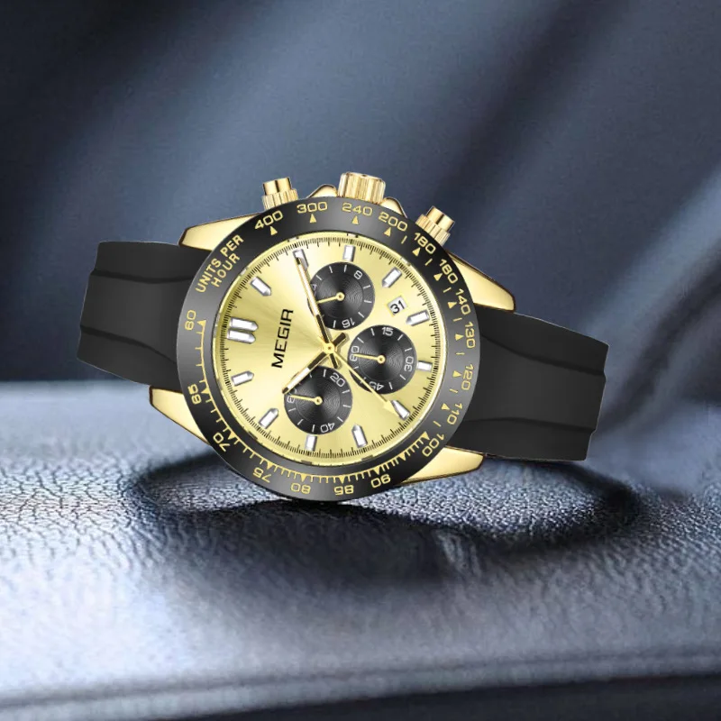 MEGIR 8104 Quartz Watch Fashion Cool Sports Chronograph Luminous Black Gold Silicone Strap Wristwatch for Men Clock Gift ﻿