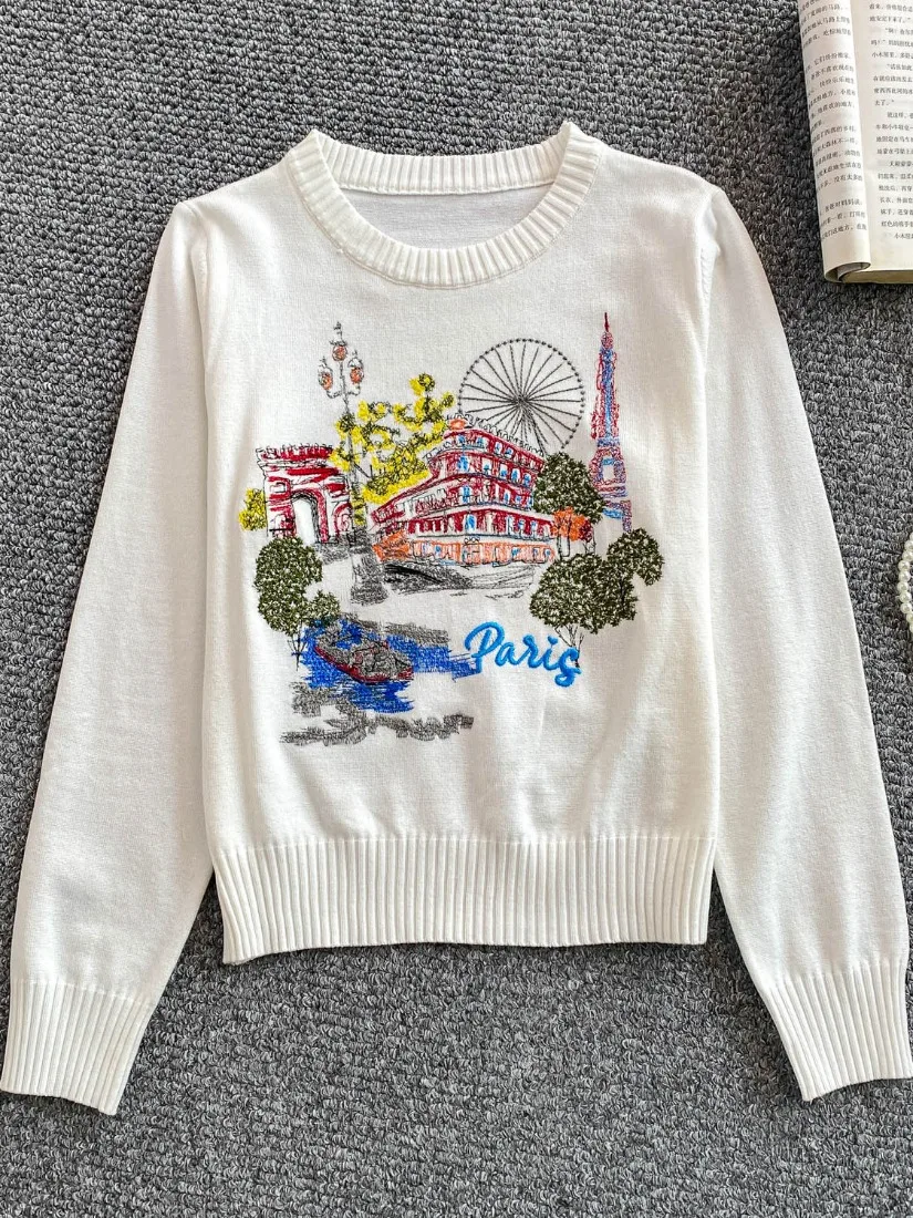 Foamlina High Street Embroidered Sweater Top 2025 Autumn Winter Women Fashion O Neck Long Sleeve Knitted Pullovers Jumper Tops