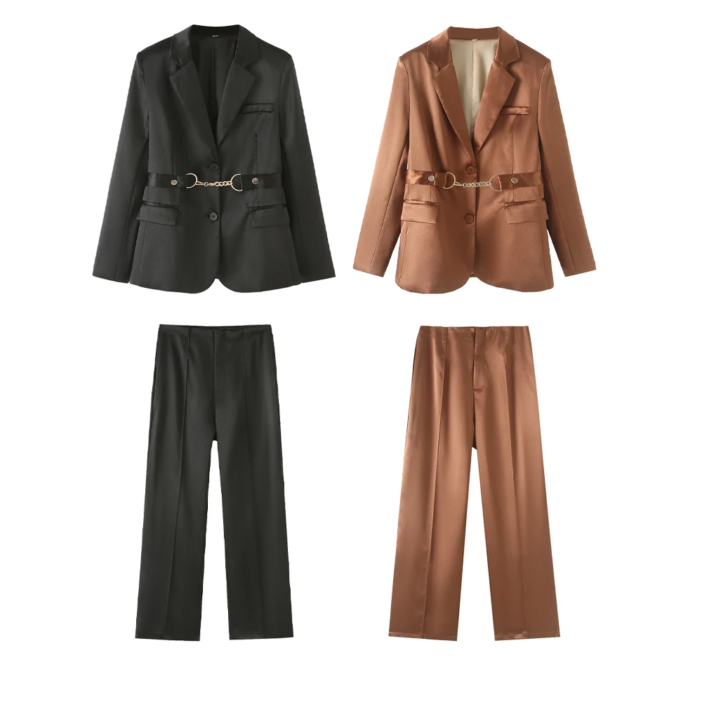 

Женский костюм с пряжкой и цепочкой, куртка, комплект длинных брюк, осенне-зимняя новая женская одежда